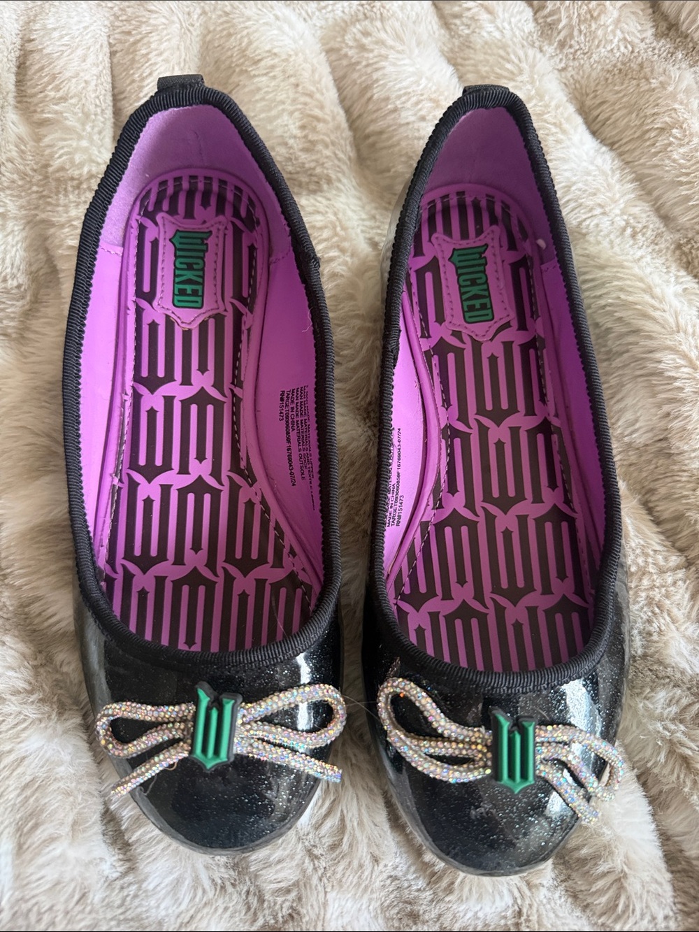 Wicked Black Glitter Ballet Flats with Pink Liner and Crystal Bow